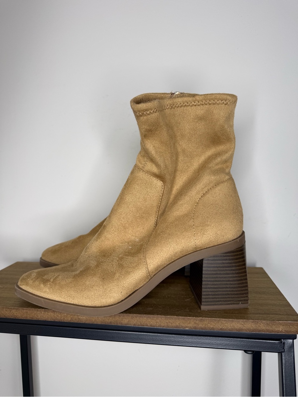 Anne Klein Tan Suede Block Heel Booties